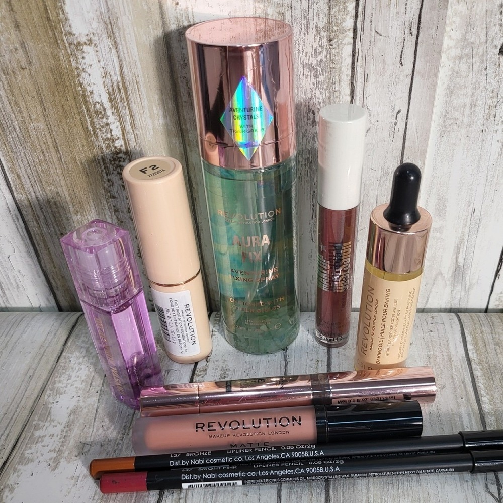 Revolution 9 Piece Makeup Lot New Eyes Lips Face Setting Spray Foundation Oil